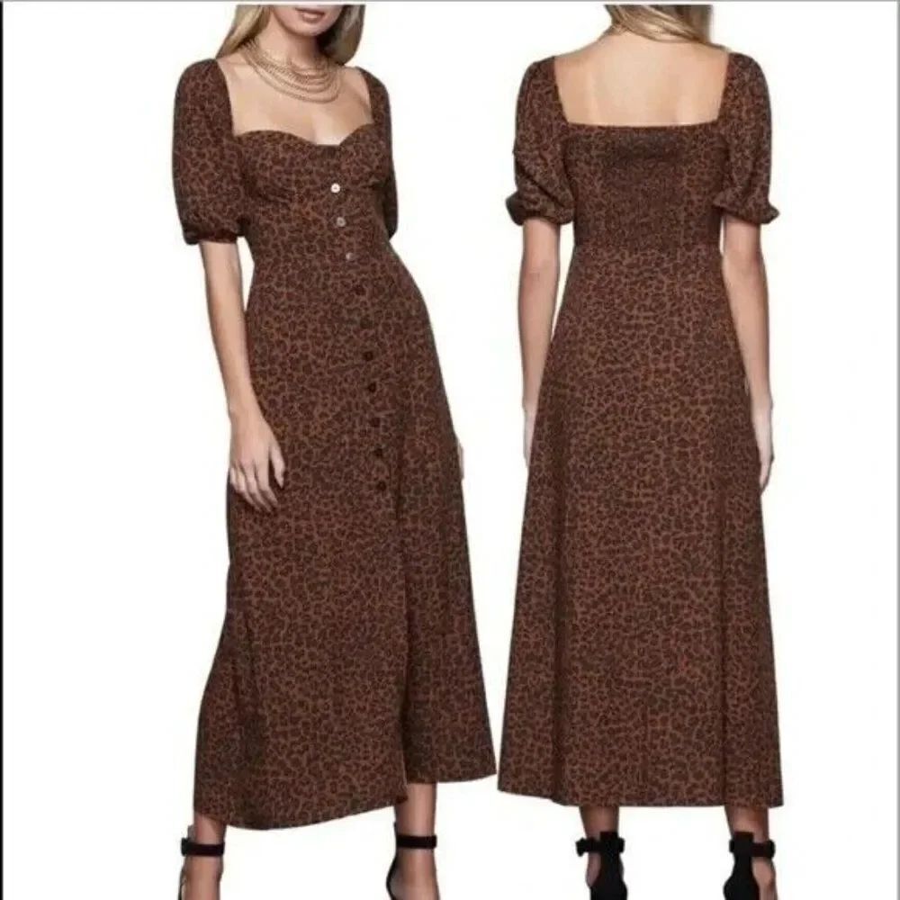 Good American Maxi Dress Womens Size 1 Leopard Print Brown Black Puff Sleeve
